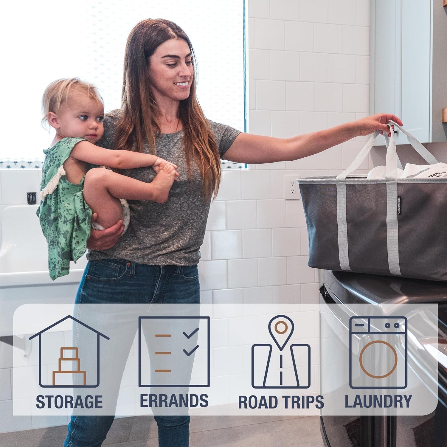 Clevermade Collapsible Laundry Tote Luxe, Navy Noir/Cream 2Pk - 50L (13 Gal) Collapsible Laundry Baskets With Sturdy Pop-Up Wire